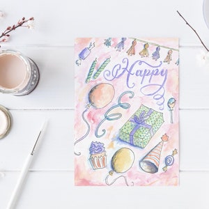 Verjaardagskaart met gelaagde cake: enkele kaart, set van 4 en luxe boxset van 10: GRATIS verzending in de VS