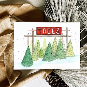 Kerstboompartij aquarel kerstkaarten op luxe katoenen karton, enkele kaart of bulkverpakkingen