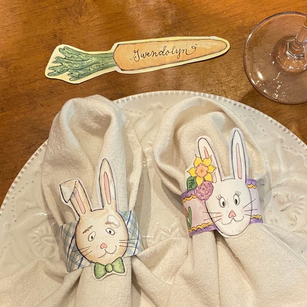 Easter Bunny Napkin Holders and Carrot Placecards Printable Digital Download Handpainted