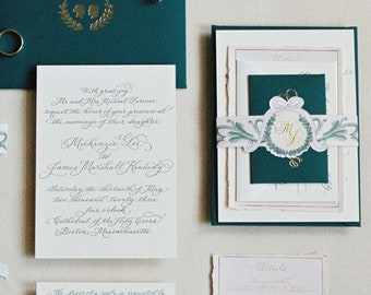 Letterpress and Foil Wedding Invitation // hand calligraphy with watercolor belly band on Museum Board Love No. 404, "Alexandria"