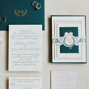 luxury foil and letterpress calligraphy wedding invitations with monogram, watercolor belly band, and handmade paper by invitation designer Robyn Love Steele