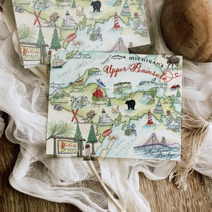 Carte vintage aquarelle de la péninsule supérieure du Michigan -- Une carte, lot de 4, coffret de luxe de 10 et emballages en vrac