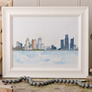 Detroit Skyline, Hand-painted Watercolor, Luxury Print in 5 x 7 up to 24 x 36 inches