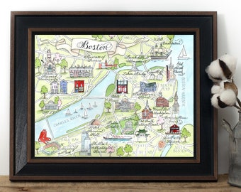 Boston, Massachusetts Map, Hand-painted Watercolor, Luxury Print in 5 x 7, 8 x 10, 11 x 14, 16 x 20, or 18 x 24 for framing