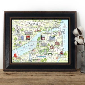 Kaart Boston (Massachusetts), handgeschilderde aquarel, luxe print in 5 x 7, 8 x 10, 11 x 14, 16 x 20 of 18 x 24 om in te lijsten