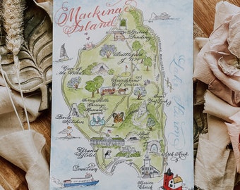 Watercolor Vintage Mackinac Island Map Card, Michigan Map -- Single Card, Set of 4, and Luxury Box Set of 10