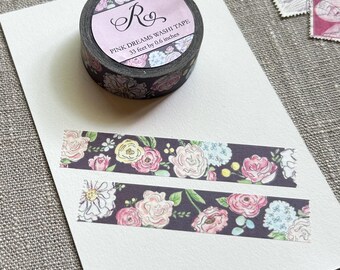 Pink Dreams Watercolor Floral Washi Tape 33 ft - Handpainted Pink Florals on Dark Purple Background