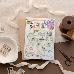Tarjeta con mapa vintage de Texas en acuarela: tarjeta individual, juego de 4 y caja de lujo con juego de 10