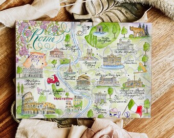 Watercolor Rome, Italy Map Card -- handpainted illustration-- Single Card, Set of 4, and Luxury Box Set of 10