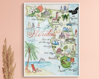 Carte de la Floride, aquarelle peinte à la main, impression de luxe en 5 x 7, 8 x 10, 11 x 14, 16 x 20 ou 18 x 24 pour encadrer un cadeau pour elle