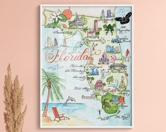 Florida Map, Hand-painted Watercolor, Luxury Print in 5 x 7, 8 x 10, 11 x 14, 16 x 20, or 18 x 24 for framing gift for her