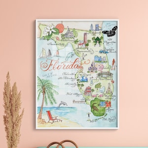 Kaart van Florida, handgeschilderde aquarel, luxe print in 5 x 7, 8 x 10, 11 x 14, 16 x 20 of 18 x 24 om in te lijsten als cadeau voor haar