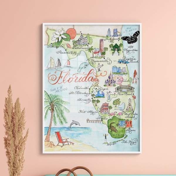 Florida Map, Hand-painted Watercolor, Luxury Print in 5 x 7, 8 x 10, 11 x 14, 16 x 20, or 18 x 24 for framing gift for her