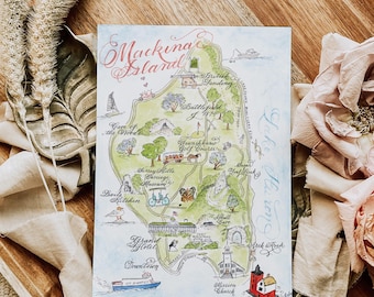 Cartão de mapa da ilha de Mackinac vintage em aquarela, mapa de Michigan - cartão único, conjunto de 4 e caixa de luxo com conjunto de 10