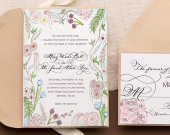 Wedding invitation, Handwritten lettering, calligraphy with Garden Floral Border,  watercolor no. 101 by Robyn Love