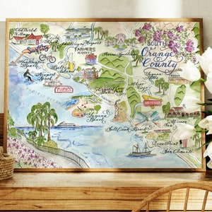 Carte du comté d'Orange du Sud, Californie, aquarelle peinte à la main, impression de luxe en 5 x 7, 8 x 10, 11 x 14, 16 x 20 ou 18 x 24 pour l'encadrement