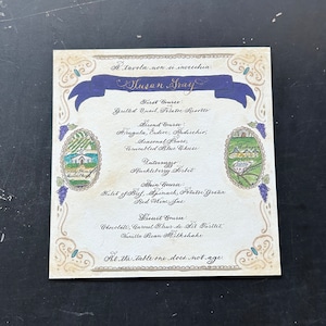 Menús y tarjetas de lugar de boda con caligrafía a mano y acuarela personalizadas