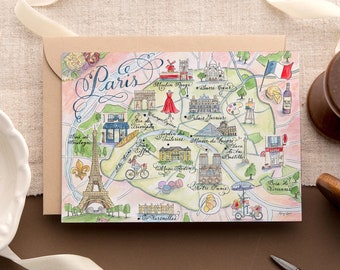 Tarjeta de mapa de acuarela de París - ilustración pintada a mano - Tarjeta única, juego de 4 y caja de lujo de 10