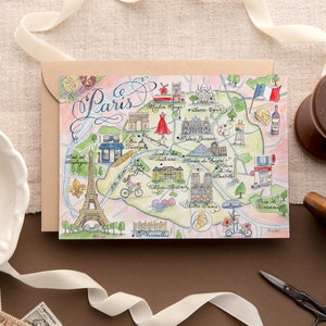 Paris map, watercolor and calligraphy map of Paris, France, illustrated map card from hand-painted original by Robyn Love Steele