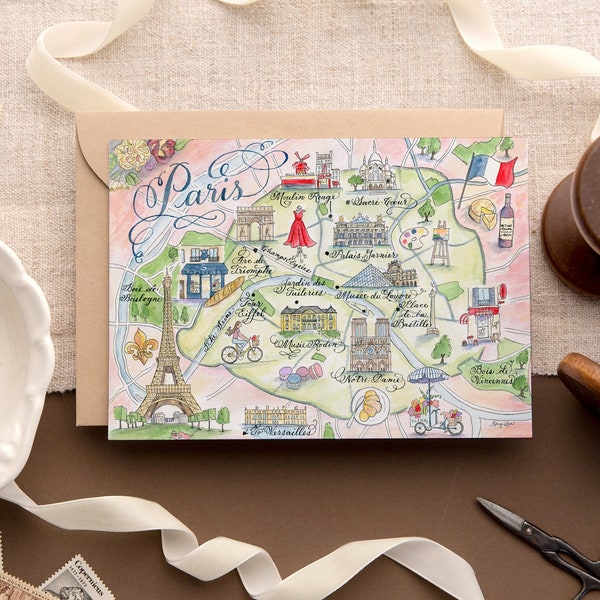 Paris Watercolor Map Card -- hand-painted illustration-- Single Card, Set of 4, and Luxury Box Set of 10