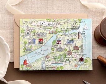 Watercolor Boston, Massachusetts Map Card -- Single Card, Set of 4, and Luxury Box Set of 10