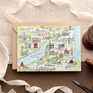 Aquarel kaart van Boston, Massachusetts: enkele kaart, set van 4 en luxe boxset van 10 inch
