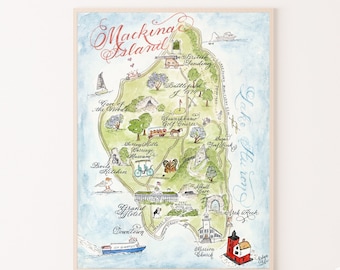 Mackinac Island Map, Hand-painted Watercolor, Luxury Print in 5 x 7, 8 x 10, 11 x 14, 16 x 20, or 18 x 24 for framing