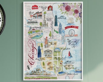 Chicago Map, Hand-painted Watercolor, Luxury Print in 5 x 7, 8 x 10, 11 x 14, 16 x 20, or 18 x 24 for framing gift for her