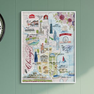 Chicago-kaart, handgeschilderde aquarel, luxe print in 5 x 7, 8 x 10, 11 x 14, 16 x 20 of 18 x 24 om in te lijsten als cadeau voor haar