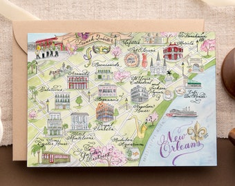 Watercolor New Orleans Map Card -- Single Card, Set of 4, and Luxury Box Set of 10