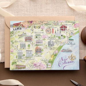 Aquarel kaartkaart New Orleans: enkele kaart, set van 4 en luxe boxset van 10 inch
