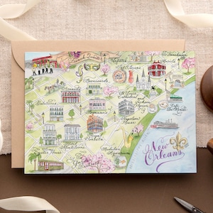 Watercolor New Orleans Map Card Single Card, Set of 4, and Luxury Box Set of 10 image 1