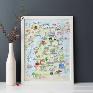 Kaart van Michigan: nieuwe bijgewerkte versie, luxe katoenprint van 5 x 7, 8 x 10, 11 x 14, 16 x 20 of 18 x 24 om in te lijsten