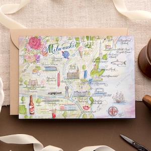 Tarjeta con mapa de acuarela de Milwaukee, Wisconsin (ilustración pintada a mano), tarjeta individual, juego de 4 y caja de lujo con juego de 10