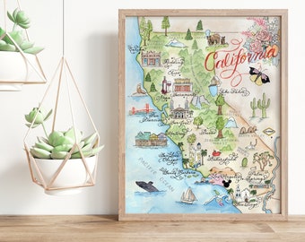 California Map, Hand-painted Watercolor, Luxury Print in 5 x 7, 8 x 10, 11 x 14, 16 x 20, or 18 x 24 for framing