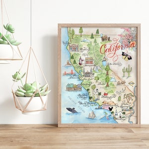 watercolor and calligraphy California Map illustration is a great CA gift or souvenir