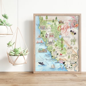 watercolor and calligraphy California Map illustration is a great CA gift or souvenir