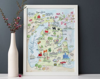 Map of Michigan - new updated version, luxury cotton print in 5x7, 8 x 10, 11 x14, 16 x 20, or 18 x 24 for framing