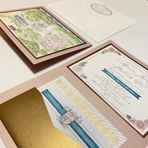 Invitación de Boda Amor nº7 "Combe Magna", con Caligrafía y Acuarela. Personalizado pintado a mano y escrito a mano.
