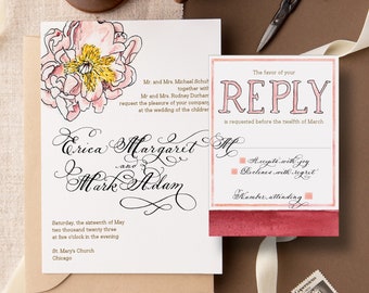 Watercolor and Handwritten Calligraphy Wedding invitation, Pink Peony no. 102 handpainted in your custom colors