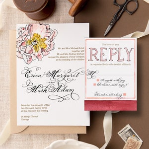 luxury cotton watercolor and hand calligraphy wedding invitation with hand painted details and a beautiful big peony flower