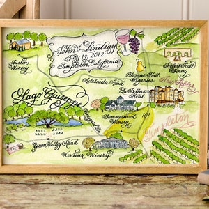 Wine Country California destination wedding map, custom watercolor illustrated wedding map by Robyn Love