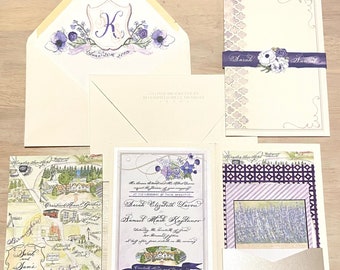Watercolor Wedding Invitation Hand Calligraphy with Bellyband Love No. 50  "Brandywine"