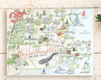 Watercolor Massachusetts Map Card -- Single Card, Set of 4, and Luxury Box Set of 10