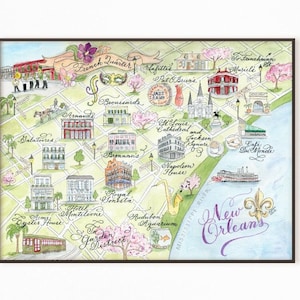 Carte de la Nouvelle-Orléans, aquarelle peinte à la main, impression de luxe en 5 x 7, 8 x 10, 11 x 14, 16 x 20 ou 18 x 24 pour l'encadrement
