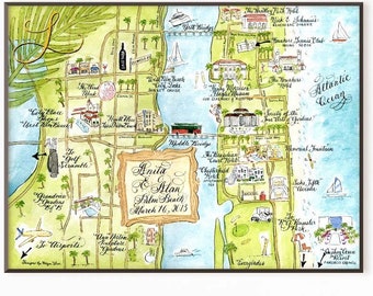 Palm Beach Wedding Map Taille Moyenne Personnalisée et peinte à la main