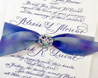Wedding Invitation with ribbon and brooch, letterpress calligraphy Love No. 9, "Highbury"