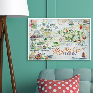 Kaart Key West, Florida, handgeschilderde aquarel, luxe print in 5 x 7, 8 x 10, 11 x 14, 16 x 20 of 18 x 24 om in te lijsten als cadeau voor haar