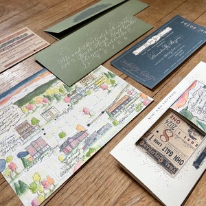 Faire-part de mariage calligraphie Billet de train avec carte aquarelle par Robyn Love - Entièrement personnalisé - Mariage d'automne