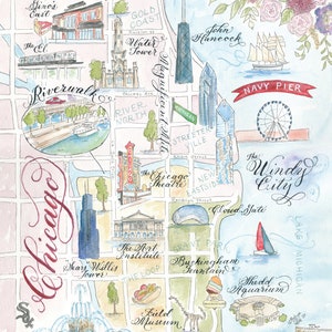 Calligraphy and watercolor illustrated chicago map cards wholesale souvenirs